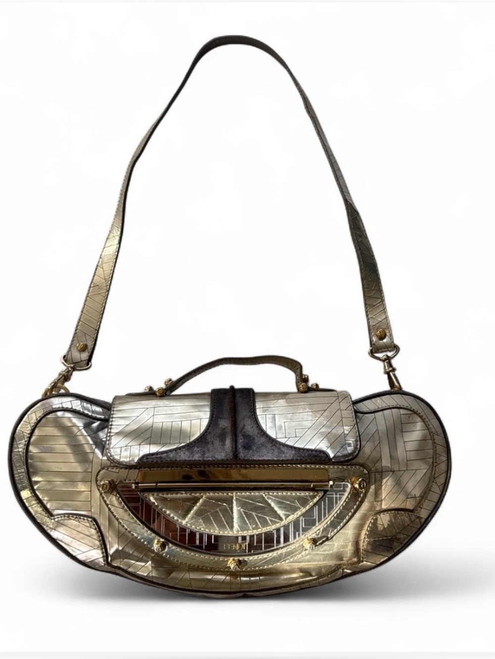 Fendi VTG metallic mirrored vanity clutch with strap